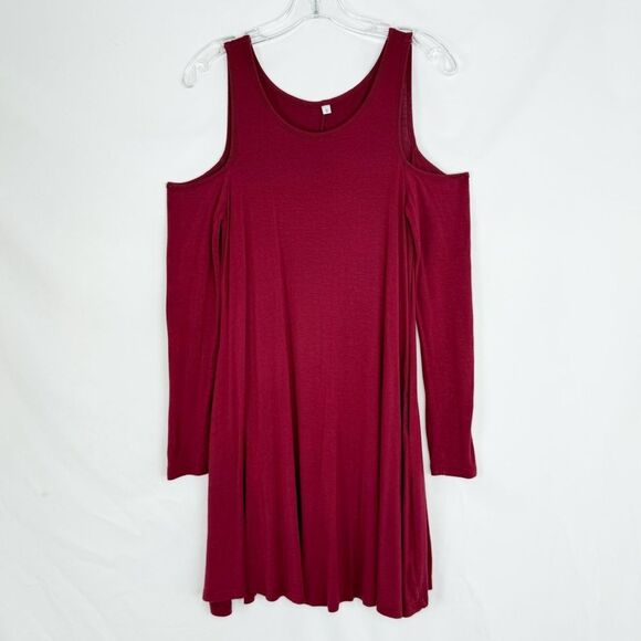 Women Red Cold Shoulder A-Line Shirt Dress Red Large With pockets - Picture 3 of 15